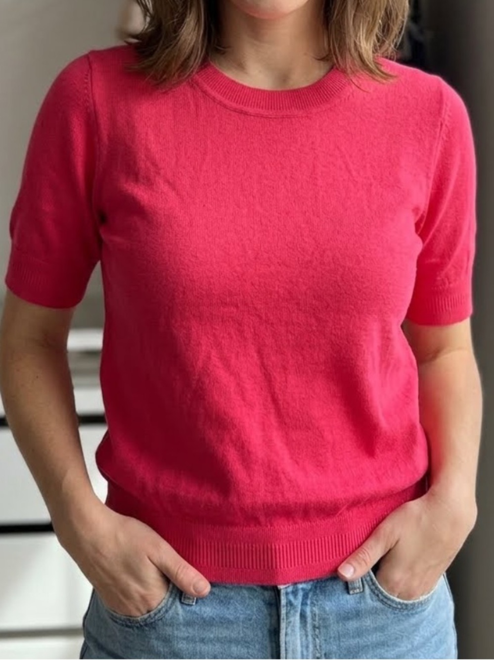 J. Crew Hot Pink Short-Sleeve Cashmere Sweater